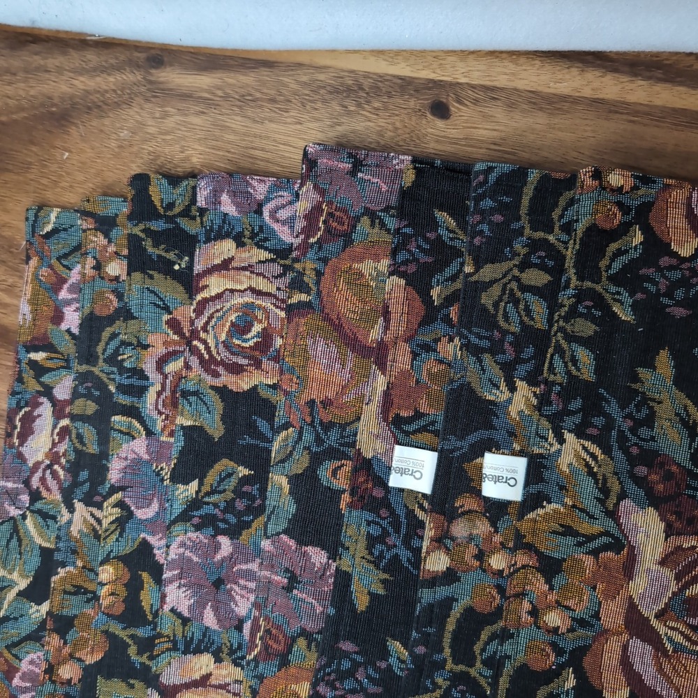 Crate and Barrel Floral Tapestry Placemats Set of 8 Cotton Woven Vintage Style